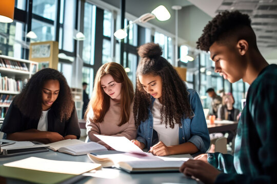 Happy young university students studying with books in library. Group of multiracial people in college library.