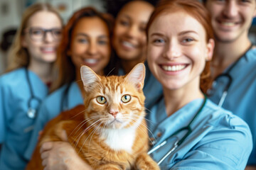 Veterinary team and cat in an animal clinic