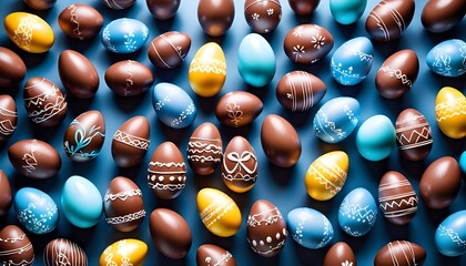 Colorfule iced sugar decorated chocolate easter eggs standing on clear background - obrazy, fototapety, plakaty