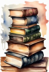 Watercolor drawing. A very large stack of books. Concept day of knowledge. Reading as a way of life.