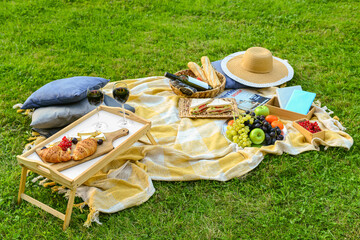 Set for romantic picnic with tasty food and glasses of wine on green grass in park