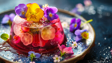 Jelly dessert decorated with edible pansy flowers. 