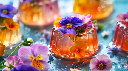 Jelly dessert decorated with edible pansy flowers. 