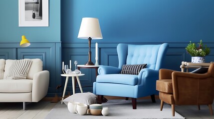 the vibrant colors and design of the armchair placed against the blue wall in the retro interior living room. Highlight any distinctive features that make it stand out