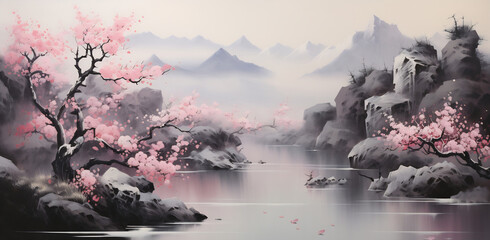 Mountain lake with pink flowers