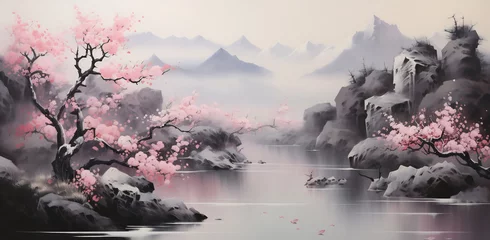 Gardinen Mountain lake with pink flowers © Canvas Alchemy