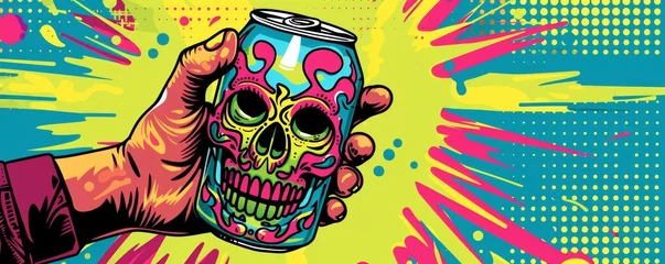 Foto op Plexiglas Vibrant Illustration of a Hand Grasping a Skull-Print Can Against a Pop Art Background © Denys