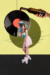 Abstract template graphics collage image of impressed lady drinking vine riding rollers isolated...