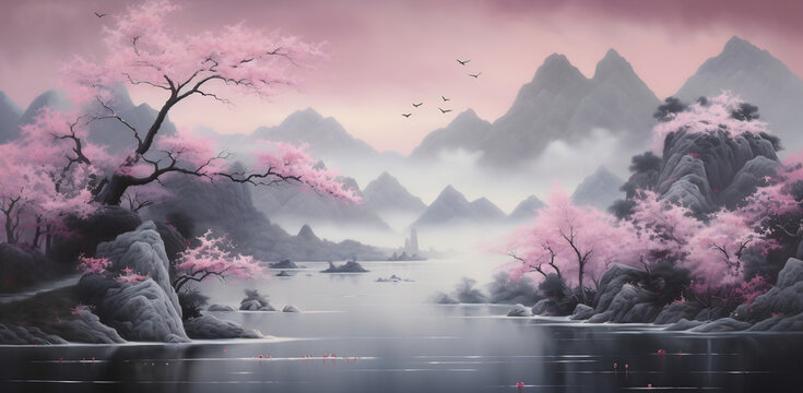 Mountain lake with pink trees