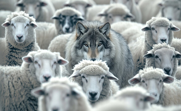 Deception Unveiled: Wolf Amidst the Flock. Wolf Souranded by Many Gray Sheep.
