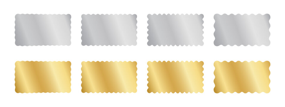 Set of silver and gold rectangle stickers with wavy borders. Shining rectangular labels, badges, price tags, coupons, promo codes, jackpot tickets templates with undulate edges. Vector illustration.