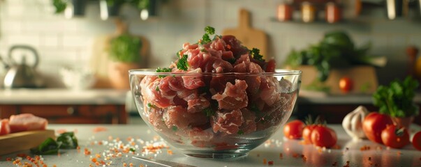 Glass Bowl Filled With Chopped Meat