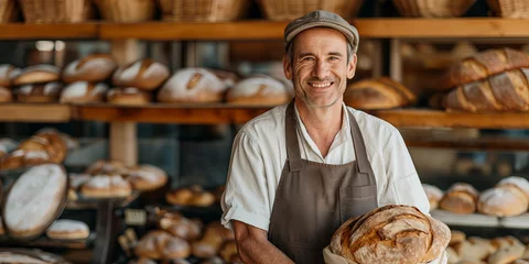 Papier Peint photo Lavable Pain Cheerful Baker in Apron Holding Artisan Loaf With Fresh Breads in Background