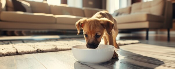 Cute Puppy Enjoying a Meal in Sunlit Room During the Morning