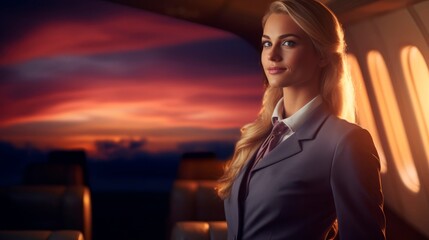 Obraz premium Relaxing sunset atmosphere in cabin with flight attendant
