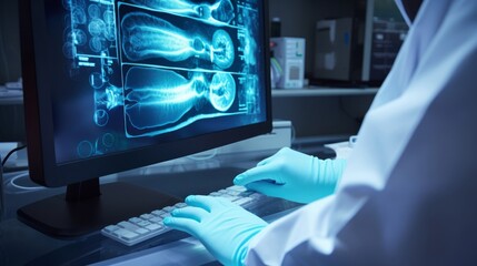 Radiologist adjusts CT scanner medical glove-wearing hands - obrazy, fototapety, plakaty