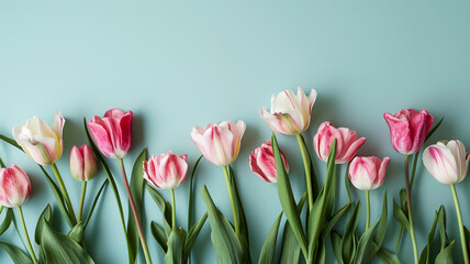 Bouquet of pink tulips on flat lay background