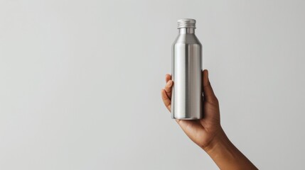 Elegantly Held Aluminum Water Bottle Against a Plain Background