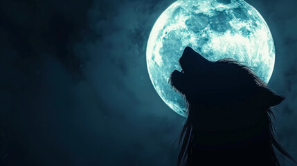 Howling wolf silhouette, full moon on a Halloween night.