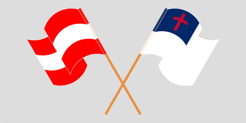 Crossed and waving flags of Austria and christianity