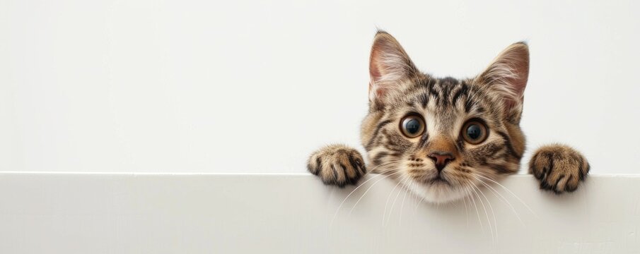 Curious Cat Peeking Over White Wall
