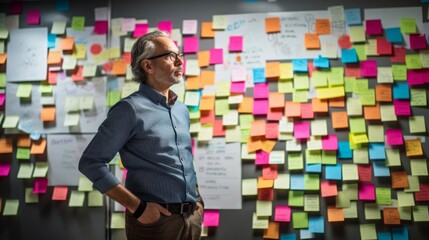 Brainstorming inventor with sticky notes and sketches idea refinement