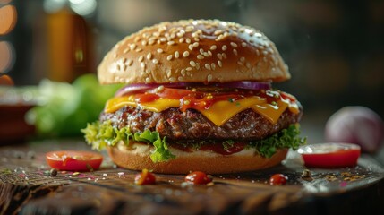 The perfect fast-food moment with a juicy burger ready for the first bite. Gourmet burgers crafted...