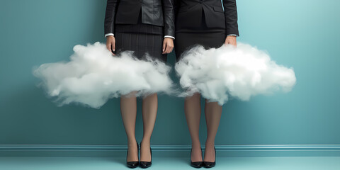 Couple Of Abstract White And Black Clouds With Mannequin Legs - Two Women Wearing Black Skirts And Black Shoes