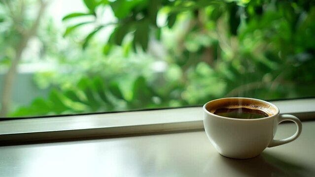 cup of coffee on the table in the morning with green plants. seamless looping 4k time-lapse video background