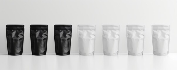 Collection of Black and White Elegant Packaging Pouches Lined up on a Shelf