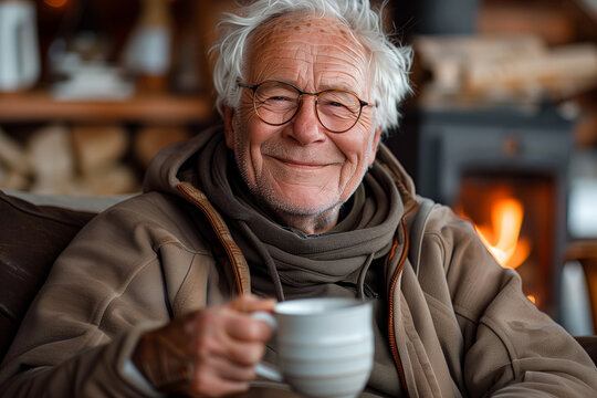 A man is smiling and holding a white cup. He is sitting in front of a fireplace. elderly man, sitting upright in an armchair. In the background is a chalet with fireplace or wood stove in a chalet