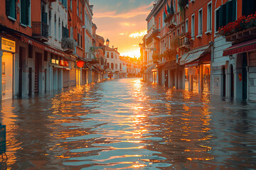 Flooded city streets due to rising sea levels and extreme weather events