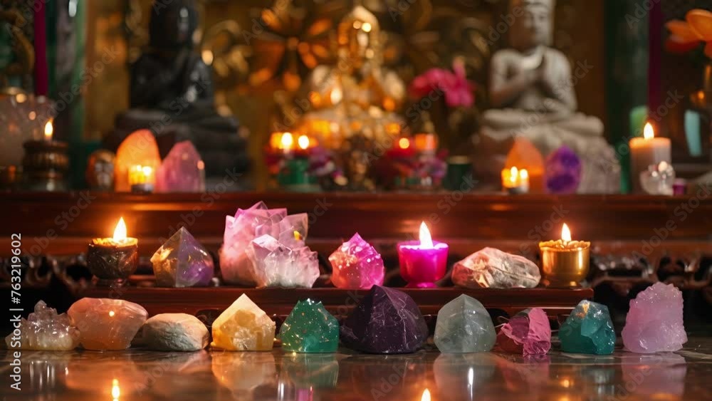 Poster a row of colorful crystals and stones each with their own specific healing properties p in front of 