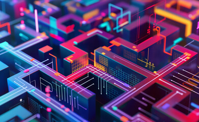 A colorful, abstract digital maze with neon lines and geometric shapes.