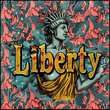 A man is looking at a vibrant image with the word "Liberty" in bold letters against a solid colored background.