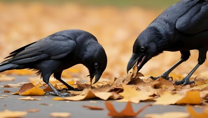 A Crow With Its Beak Picking At A Fallen Leaf Upscaled 2 - obrazy, fototapety, plakaty