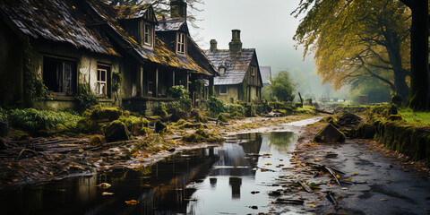 An abandoned house, with a sad look, like a forgotten hero of old fairy - obrazy, fototapety, plakaty