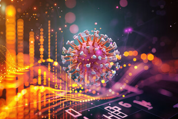 3d coronavirus model with data visualization graphs and figures, modern virus research with data mapping and big data