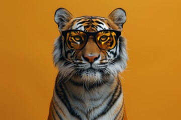 Animated tiger head in sleek sunglasses, saffron yellow backdrop