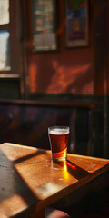 Mobile vertical wallpaper photograph of a beer pint glass on a table in a bar. . Story post. - obrazy, fototapety, plakaty