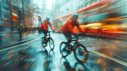 Cyclists in the city promoting healthy ecofriendly transportation Multiple exposure creates a...