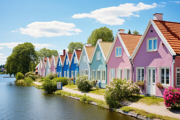 Beautiful colorful and vibrant country houses. Spring or summer village background