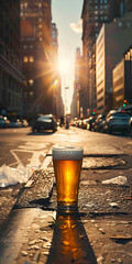 Mobile vertical wallpaper photograph of a beer pint glass on the street. . Story post. - obrazy, fototapety, plakaty