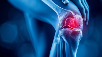 Human knee joint and leg in x-ray on blue background - obrazy, fototapety, plakaty