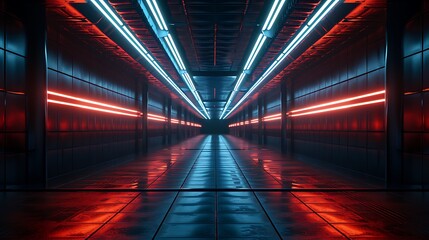 A long corridor with dynamic lighting, creating a vanishing point effect that adds a depth and...