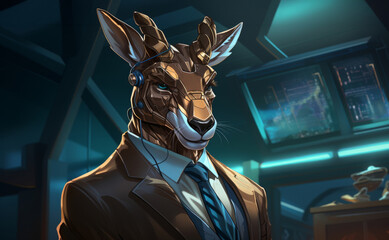 Elegant deer in a sharp business suit, amidst a vivid cyberpunk city scene