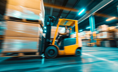 A worker driving a forklift in a warehouse, captured with motion blur to show movement.