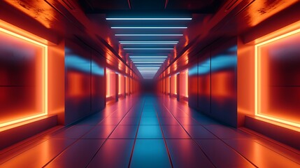 A long corridor with dynamic lighting, creating a vanishing point effect that adds a depth and intrigue - obrazy, fototapety, plakaty