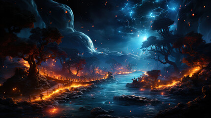 Fototapeta premium Azure magic rivers flowing through the expanses of the cosmos, like the life paths of the unive