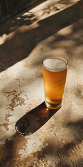Mobile vertical wallpaper photograph of a beer pint glass on a concrete floor. Sunshine. . Story post. - obrazy, fototapety, plakaty